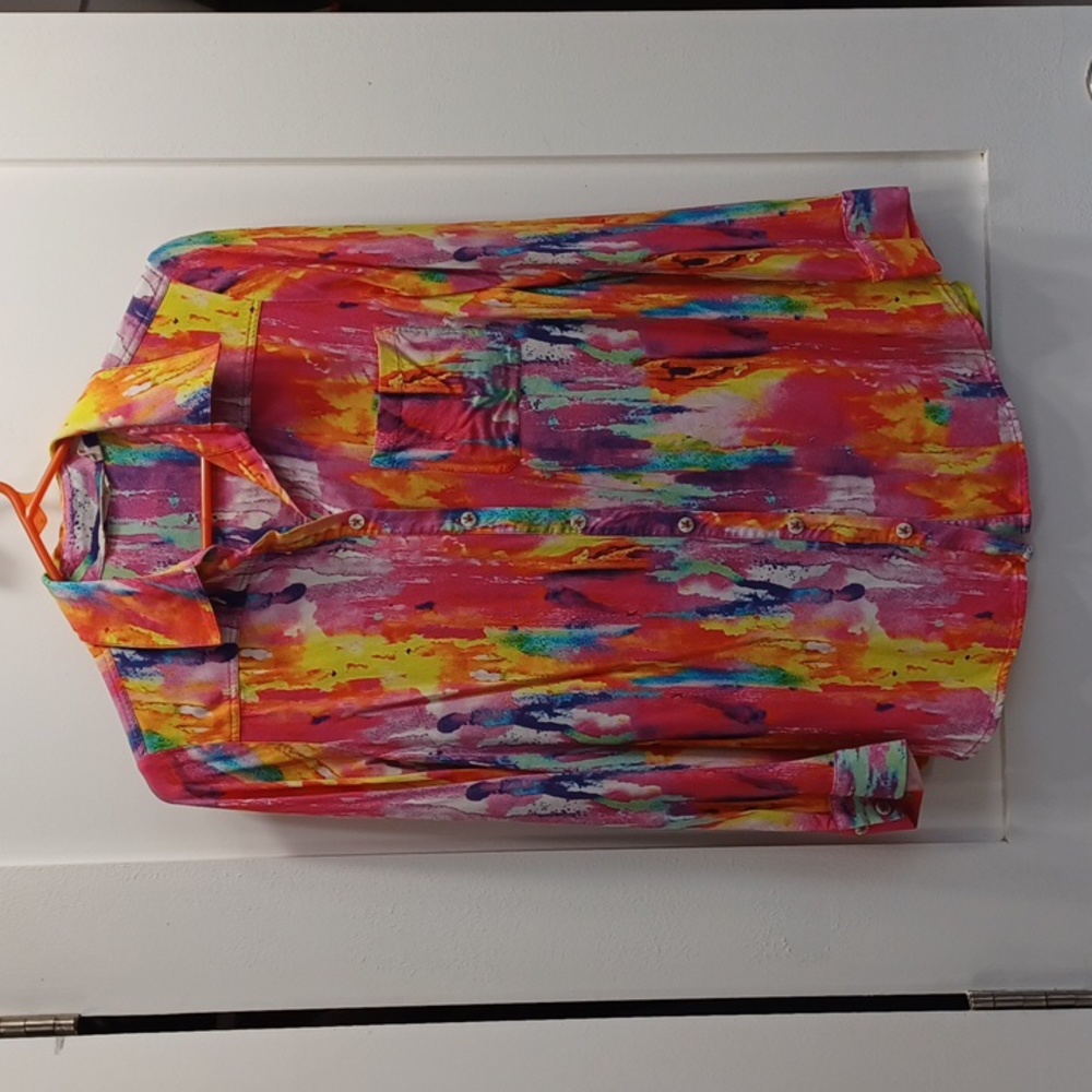 COLORFUL Tie dye Button Embroidered Jewels Gauzy Floral Bling Western Blouse Top